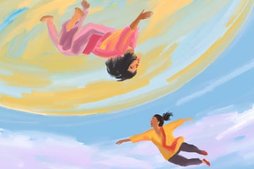 Two people floating in colorful sky, artistic illustration.