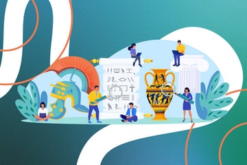 Illustration of people studying historical artifacts and scrolls. Illustration of people studying historical artifacts and scrolls.