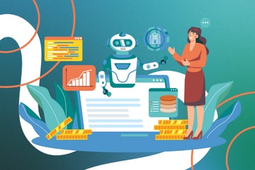 Robot and person with digital charts and icons. Robot and person with digital charts and icons.