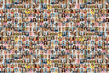 Collage of diverse people's portraits in grid layout.