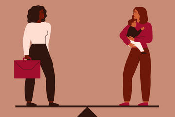 Illustration of two women on a balancing board; one is carrying a business folder and the other is holding a child in her arms. Illustration of two women on a balancing board; one is carrying a business folder and the other is holding a child in her arms.