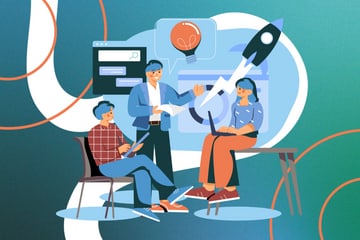 Illustration of three people collaborating with tech and ideas. Illustration of three people collaborating with tech and ideas.