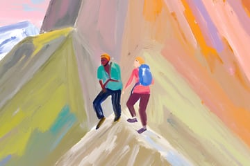 Two hikers on colorful painted mountain trail.