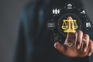 Person touching digital icons of justice concept. Person touching digital icons of justice concept.