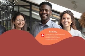 Group of people smiling with Swiss Confederation funding text overlay.