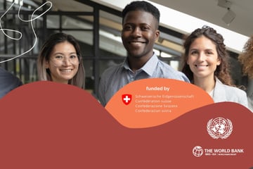 Group of diverse people smiling in office setting with World Bank and Swiss Confederation logos.