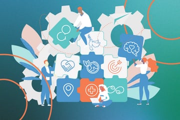 The Adapting Role of Global North Professionals in International Cooperation Illustration of People arranging icons on large gears background.