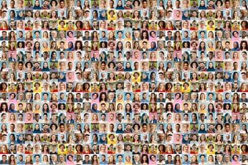 Collage of diverse faces in colorful backgrounds.
