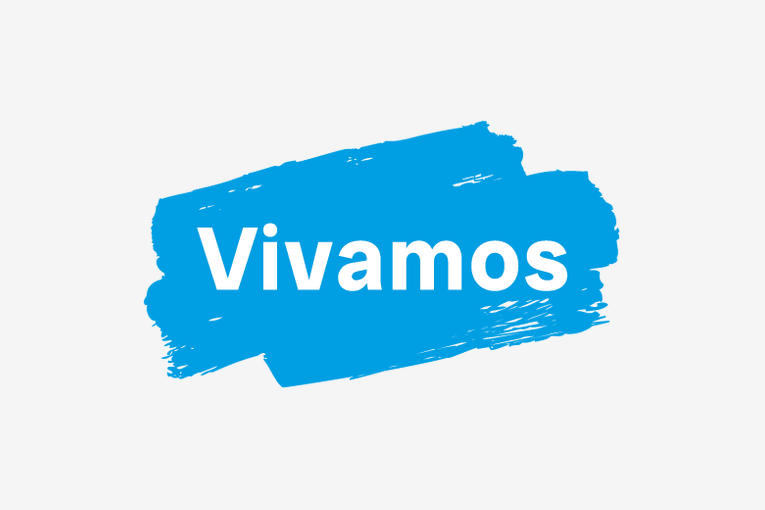 Logo: Text 'Vivamos' auf blauem Pinselstrich-Hintergrund.