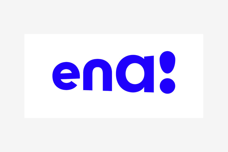Blue 'ena!' logo on white background.